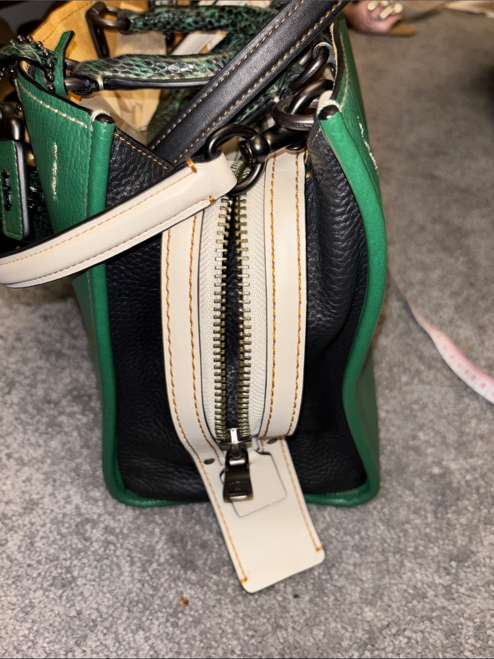 Coach Rogue Green Leather Satchel with Cream Trim and snakeskin handles. - Picture 4 of 11